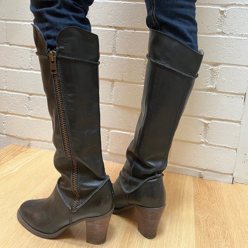 Anthropologie Knee High Heeled Black Leather Boots